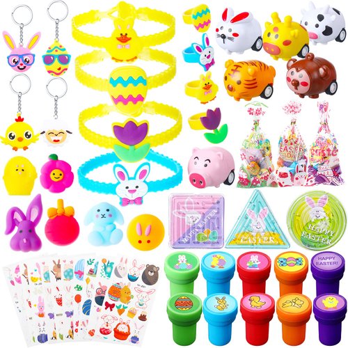 108 Pcs Easter Party Favors for Boy Girl Easter Assorted Toys Bulk Easter Bunny Bracelets Sticker...
