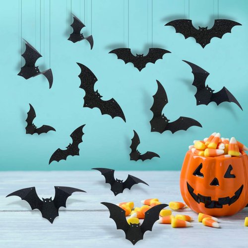 24Pcs Black Halloween Hanging Bats Decorations Flying Bats Hanging Halloween Decorations for Outdoor Graden Yard Halloween Decorations Indoor Kids Party Wall Window Decals Home Decor