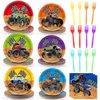 96Pcs Monster Truck Birthday Party Plates and Napkins Forks for Truck Birthday Party Decorations Truck Themed Paper Plates Tableware for Kids Boys Serves 24 Racing Car Birthday Party Supplies Favors