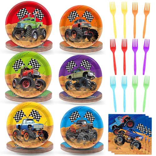 96Pcs Monster Truck Birthday Party Plates and Napkins Forks for Truck Birthday Party Decorations Truck Themed Paper Plates Tableware for Kids Boys Serves 24 Racing Car Birthday Party Supplies Favors