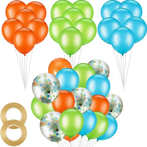 Gejoy 60 Pcs 12 Inch Confetti Balloon Latex Balloons with Ribbon for Birthday Wedding Party Baby Shower Decoration Supplies (Orange, Light Blue, Fruit Green,Dinosaur)