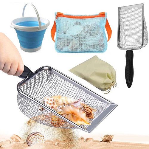 Crmanedy 5-Piece Shark Tooth Sand Sifter, Sand Sieve, Mesh Beach Bag and Collapsible Sand Bucket, Adult Beach Tools, Girls Boys Beach Shell Toys (Blue)
