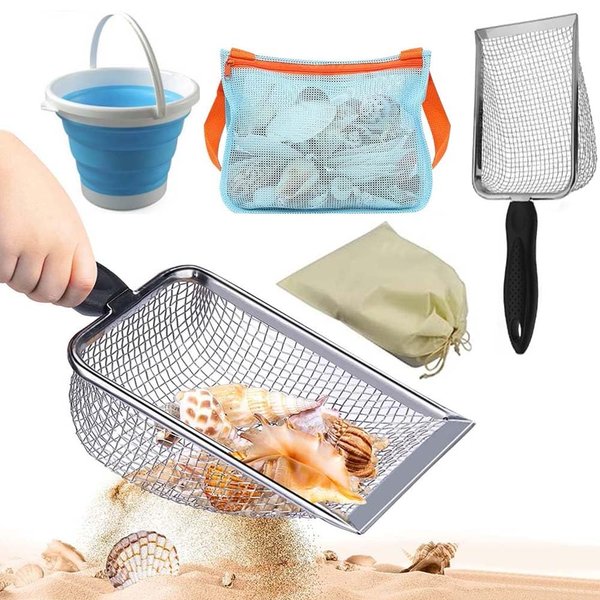 Crmanedy 5-Piece Shark Tooth Sand Sifter, Sand Sieve, Mesh Beach Bag and Collapsible Sand Bucket, Adult Beach Tools, Girls Boys Beach Shell Toys (Blue)