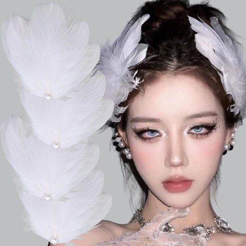 4Pcs White Feather Hair Clip Pearl Artificial Swan Ostrich Feather Faux Hair Pins Ballet Style Hair Barrettes Accessories for Women Girls Bride Party Cosplay Dancing Costume Performance Headpiece