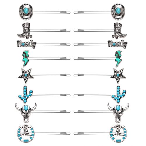 16Pcs Western Turquoise Hair Pins Southwestern Country Cowgirl Bobby Pins Cowboy Hat Boot Cactus Star Lightning Hair Clips Barrettes Boho Women Girl Decorative Bobby Pin Hair Accessories (16 pcs