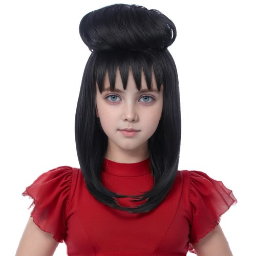 WAVELNM Kids Black Wig with Bangs Child Straight Black Wig with Bun for Girls Kids Bride Cosplay Wig Kids wig for Halloween Synthetic Wigs with Wig Cap