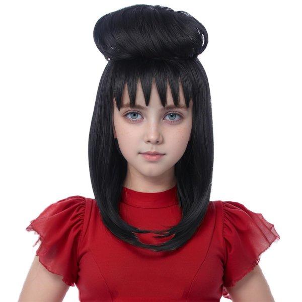 WAVELNM Kids Black Wig with Bangs Child Straight Black Wig with Bun for Girls Kids Bride Cosplay Wig Kids wig for Halloween Synthetic Wigs with Wig Cap