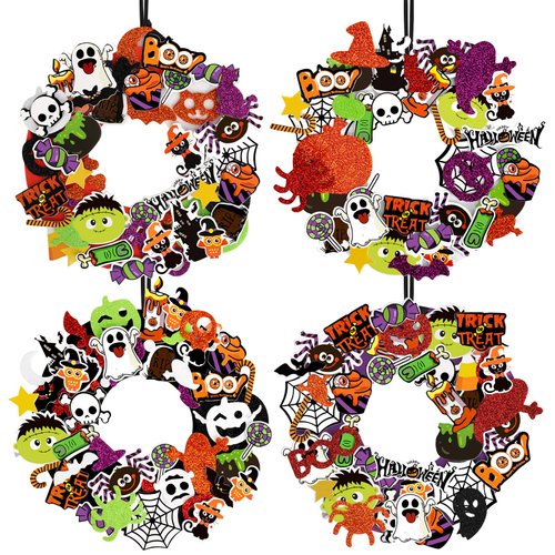 Openfly 12 Sets Halloween Wreath Craft Kit for Boys Girls, Halloween Wreath Sign Decorations Pumpkin Spider Bat Candy Stickers DIY Halloween Foam Crafts Kit for Home Classroom Halloween Party Decor