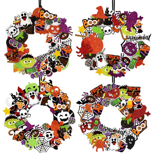 Openfly 12 Sets Halloween Wreath Craft Kit for Boys Girls, Halloween Wreath Sign Decorations Pumpkin Spider Bat Candy Stickers DIY Halloween Foam Crafts Kit for Home Classroom Halloween Party Decor