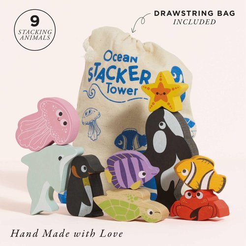 Le Toy Van - Wooden Toys - Petilou Baby & Toddler - Ocean Animal Building Blocks Stacker & Bag - Educational Balancing Activity Toy - Wooden Blocks Aquatic Animal Toys - Kids Toys Age 18 Months+