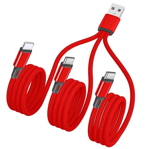 4FT USB A to Multi Type C Splitter Cable,3 in 1 Multi Charging Cable Red Nylon Cord,USB A to 2xUSB C+ Lightnning Port Compatible with Apple i-Phone 15,iPad Pro/Air,Sam-Sung S24,Moto,Google