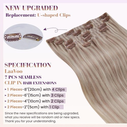 LaaVoo Seamless Clip in Hair Extensions Human Hair Blonde Highlights Clip in Extensions Human Hair Ash Blonde with Blonde Highlight Hair Extensions Real Human Hair Clip ins 14 Inch 7pcs 110g