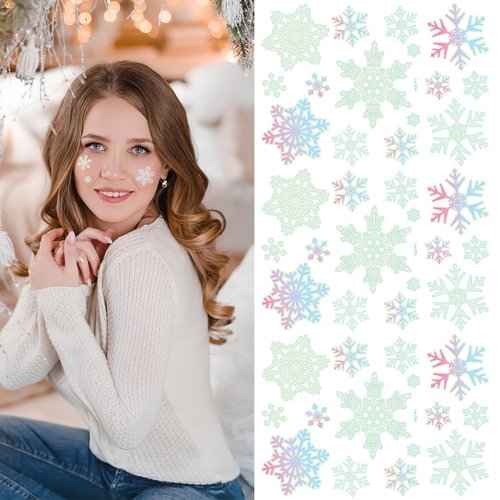 4 Sheets Snowflake Temporary Tattoos Glow in the Dark Tattoos Luminous Snowflake Stickers Body Face Decorations Cute Apparel Accessories for Winter Christmas Holiday Birthday Party Supplies