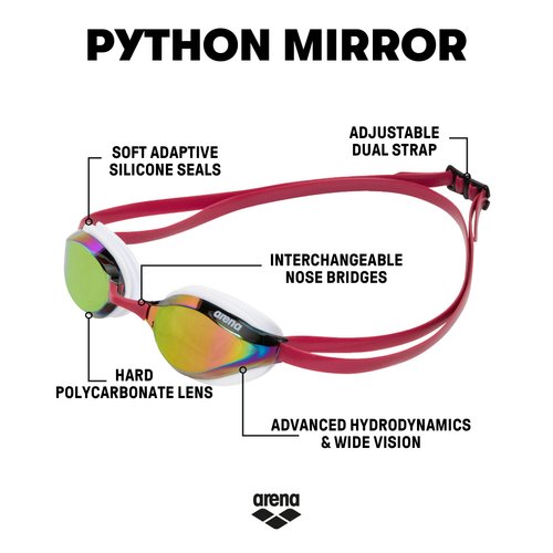 ARENA Python Racing Swim Goggles for Men and Women, UV Protection, Anti-Fog, Dual Strap, Mirror Lens, Copper/White/Red Wine
