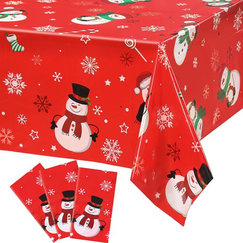 Irenare 3 Pieces Snowman Christmas Party Tablecloth Decorations Plastic Snowman Snowflakes Table Cover Winter Snowman Christmas Tablecloth for Xmas Holiday Birthday Party Decor, 54 x 108 Inch (Red)