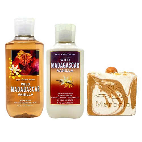 Bath & Body Works Wild Madagascar Vanilla Gift Set - Body Wash and Body Lotion - with a Peach Gardenia Bar Soap - Full Size