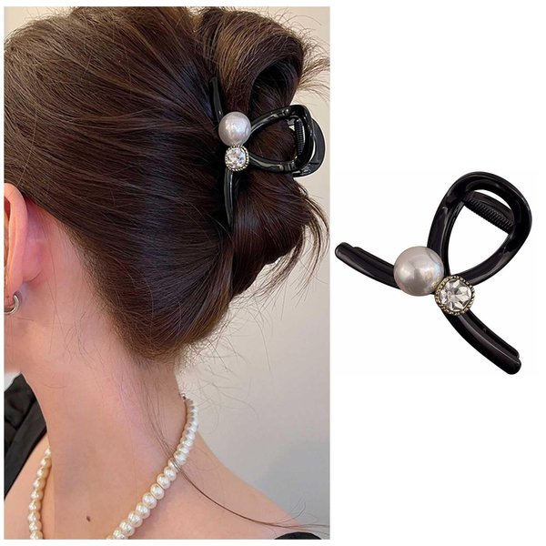 Iaceble Crystal Pearl Hair Claw Clip Plastic Hair Claw Jaw Medium Black Hair Claw Clamp Non Slip Ponytail Hair Clip Claw Thick Curly Hair Clip Decorative Hair Accessories for Women and Girls Headdress