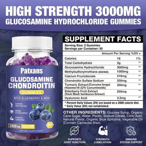 Patxans 2 Packs 3000MG Glucosamine Chondroitin Gummies - Extra Strength Joint Health & MSM Elderberry Natural Joint Support Supplement, Flexibility, Antioxidant Immune Support for Adults, 120 Gummies.