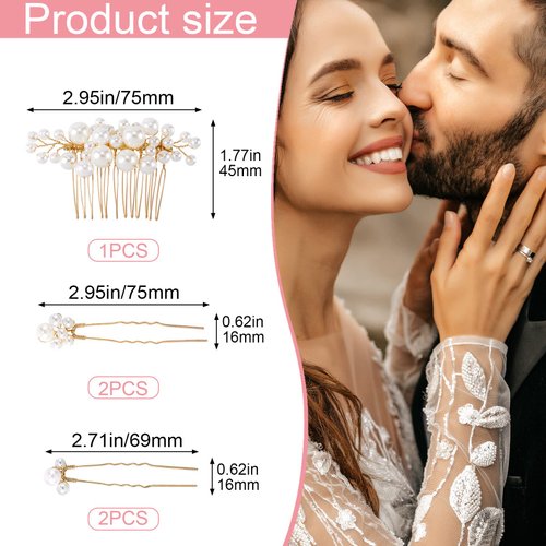 OIIKI Wedding Hair Accessories Kit, 1PCS Pearl Wedding Hair Comb, 4PCS U-shape Pearl Hair Pins, Bridal Hair Pieces, Pearl Hair Clips, Bridal Hair Accessories for Brides Bridesmaids -Gold,White