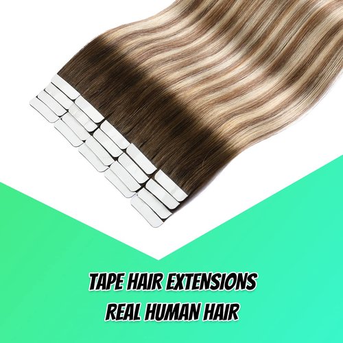 VINBAO Tape In Hair Extensions Human Hair Blonde Hair Extensions Tape In Dark Roots Color 3-8-22 Brown and Blonde Highlights Remy Hair Tape in Extensions 20 Pieces 50 Grams (16inch, #3/8/22)