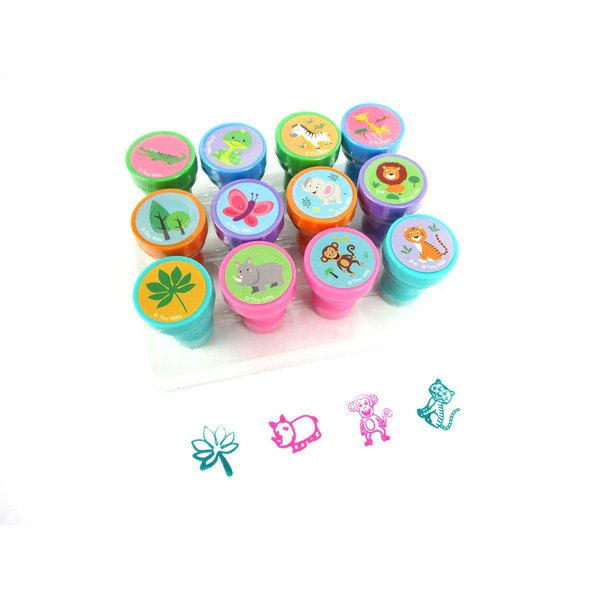 TINYMILLS 12 Pcs Safari Jungle Animals Stamp Kit for Kids Self Inking Stamps Gift Jungle Book Party Favor Bag Stuffer Teacher Stamps