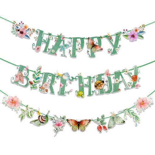 SUNBEAUTY Sage Green Spring Happy Birthday Banner Green Spring Butterfly Flowers Banner Summer Sp...