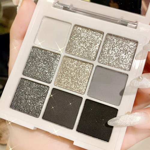 Black Smokey Gray Silver Glitter Shimmer Eye Eyeshadow Makeup Palette,9 Colors Cool Toned Matte Glitter Eyeshadow Palette Make Up Black Radiance Eyeshadow Palette Sombras De Ojos Profesional(A)