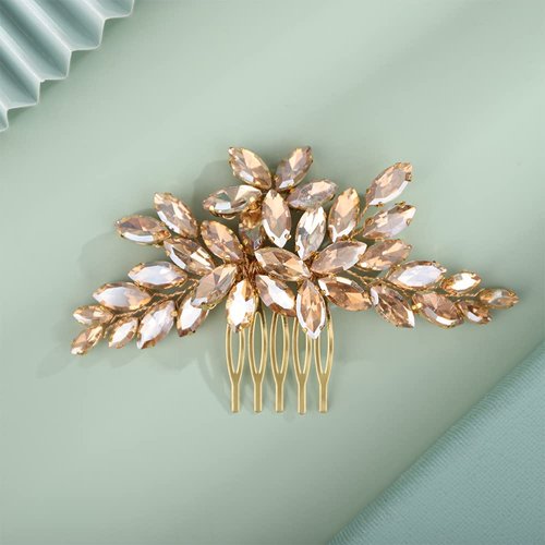 BERYUAN Women Girls Bridal Champagne Crystal Rhinestone Wedding Hair Comb Teardrop Rhinestone Wedding Headpiece Silver Gold Wedding Hair Accessories Bridal Headband for Brides Bridesmaid (champagne)