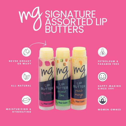 Mad Gab's MG Signature Coconut Lime, Rapsberry, Peach Mango Lip Butter (3 Pack) | Natural & Organic | Hydrating, Shea Butter