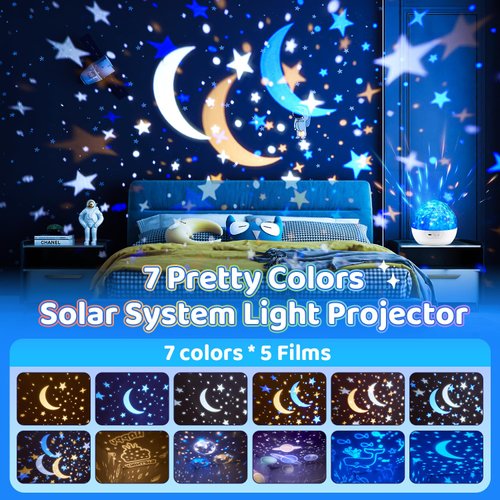 Solar System Projector Night Light for Kids, 360°Rotating+5 Films Kids Night Light Projector for Kids Room, Planetarium Projector for Kids Projector, Planets Space Projector Space Decor Space Gifts