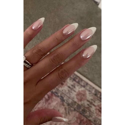 24PCS Press On Nails, Mirror Metal Stiletto Fake Nails, Almond Medium Shape, Stick on Nails, Glue on Nails False Nails (Aurora White Tip)