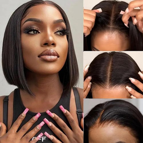 Wear and Go Glueless Bob Wigs Human Hair Pre Plucked Pre Cut Short Bob Straight Lace Front Wigs 4x4 Hd Lace Closure Wigs Human Hair for Beginners Natural Black (8 inch)