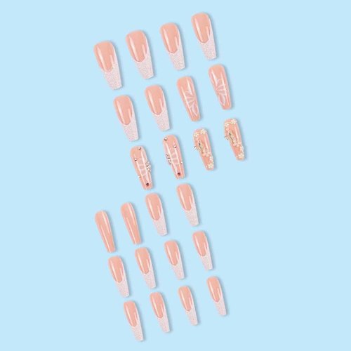 Foccna Pink French Press on Nails Long 3D Butterfly Fake Nails Coffin Bling Glossy Rhinestone False Nail Tips Artificial Nails Finger Manicure for Women and Girls,24pcs