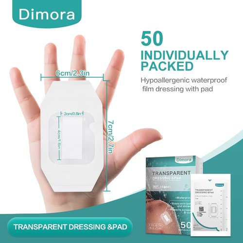Dimora Transparent Film Dressing with Pad 50 Pack, 2.3"x2.7" Waterproof Adhesive Bandages Post Surgical Wound Cover Barrier Film