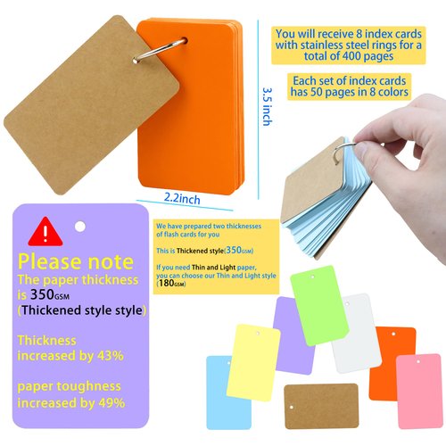 MotBach 400PCS Colored Blank Flash Card Index Cards with Binding Rings,8 Color Easy Flip Flash Card Study Note Card Perfect for Bookmark School Learning Memory Recipe Cards Game Cards(3.5 x2.2 Inch)