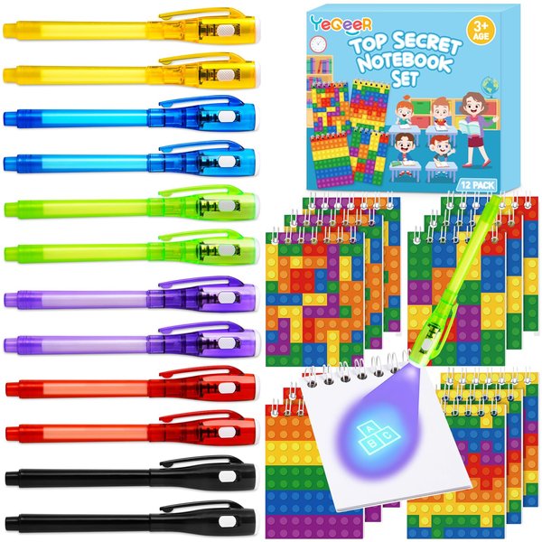 YEGEER 12 Pack Invisible Ink Pen with Notebook Set for Kids 4-12, UV Pen Light, Spy Pen Party Supplies, Birthday Party Favors for Kids 4, 5, 6, 7, 8, 9, 10, 11, 12, Classroom Prizes for Boys Girls