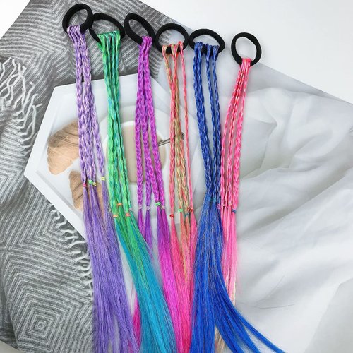 Lopsity 12PCS Girls Hair Extensions Accessories Colorful Wigs Hair Bands Headwear Twist Braid Rainbow Braided Hairpieces for Girls Women,Headbands Rubber Band (A)