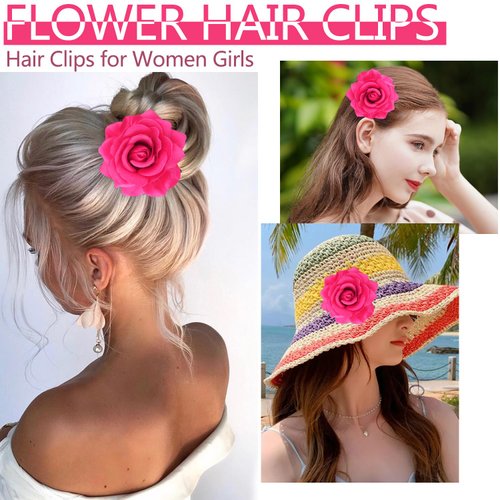Atoden Hot Pink Rose Hair Clip, Flower Rose Clips for Hair, Hawaiian Floral Hair Pins Alligator Clips Brooch Mexican Decorative Headpieces for Women Girls Bridal Wedding Hair Accessories
