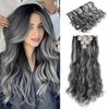 Cephermer Hair Extensions Wavy 7 PCS Clip in Hair Extensions 24" Long and Thick 170g Synthetic Hairpieces Double Weft Natural Soft Hair for Women Natural Black Mix Silver Grey