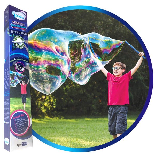 WOWMAZING Giant Bubble Kit: Space - Incl. Wand, 2 Big Bubble Concentrate Pouches and 8 Glow-in-The-Dark Stickers | Outdoor Toy for Kids, Girls | Bubbles Made in The USA - Space Kit