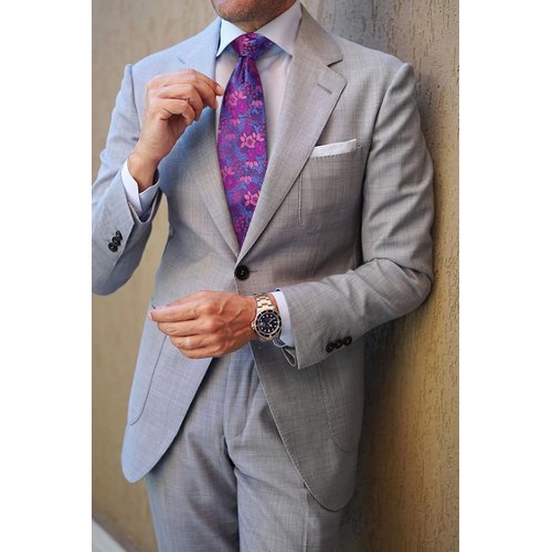 HISDERN Men's Floral Tie Handkerchief Jacquard Woven Classic Men's Necktie & Pocket Square Set,Hot Pink / Blue,8.5cm / 3.4 inches in Width