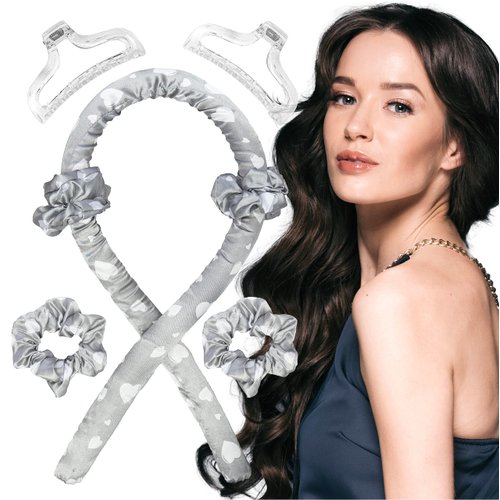Heatless Curling Rod Silk Headband, No Heat Curls Rollers, Curlers with Ribbons Sleeping Soft Wave Hair Curler DIY Hair Styling Tools Formers for Long Medium Hair (Grey Heart)