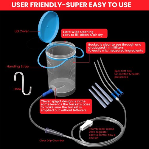 Enema Bucket Kit for Colon Cleansing with 6Pcs Enema Nozzle Tips Colon Tube Replacement, Coffee Enema kit for Constipation Detox 6ft Silicone Tubing Hose Home Shower Enema Intestinal Rinser Irrigator