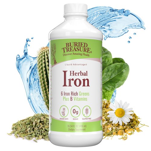 Buried Treasure Herbal Iron - 48 Servings, Liquid Iron and Herbal Supplement, Vitamin C & B Complex Vitamins, Iron-rich Greens, Vegan Iron for Men and Women