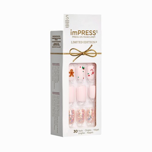 KISS imPRESS Limited Edition Holiday Press-On Manicure with PureFit Technology, Short Length, Square Shaped, Pink Press-On Nails, Style 'Dear Santa’