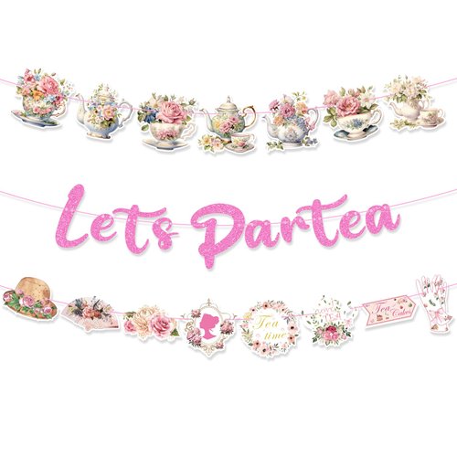 Stcomart Pre-Strung Let's Partea Tea Party Decorations Banner with Vintage Tea Party for Adult and Kids Tea Party Supplies, Pink