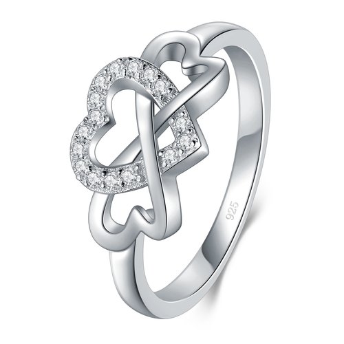 BORUO Love Heart Eternity Band-925 Sterling Silver Rings for Women-Platinum Plated Over Sterling Silver Wedding Band- Promise Rings For Her-Silver Rings For Women, 2mm, Size 7