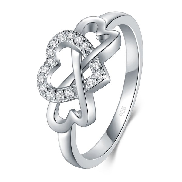 BORUO Love Heart Eternity Band-925 Sterling Silver Rings for Women-Platinum Plated Over Sterling Silver Wedding Band- Promise Rings For Her-Silver Rings For Women, 2mm, Size 7