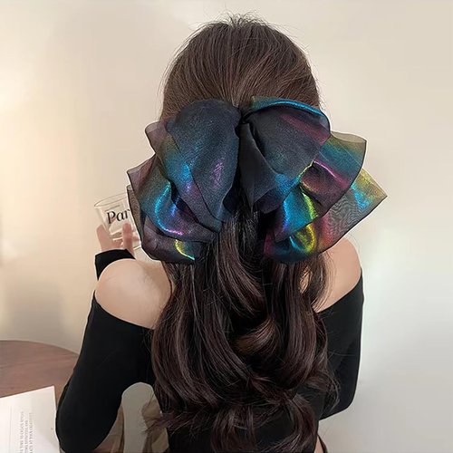 LYBVTK Women's Gauze bow hair clip, black bow girl hair clip, girl hair accessory gift birthday gift, oversized Gauze hair accessory beautiful silk smooth metal clip(Black Color)