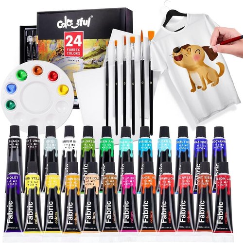 COLORFUL Fabric Paint Set for Clothes with 6 Brushes, 1 Palette, 24 Colors - Permanent Textile Paint Puffy Paint Kit for Shoes, Canvas - Non-Toxic Slick Painting Set for Adults, Beginner & Artists